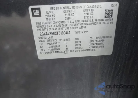 2015 GMC Terrain Slt-1 из США, поврежденный, VIN 2GKALSEKXF6190444